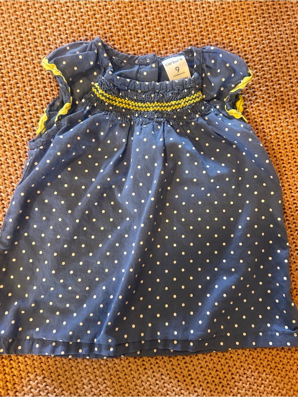 Carter’s Baby Girl Dress 9M Blue White Polka Dot Yellow Trim Smocked